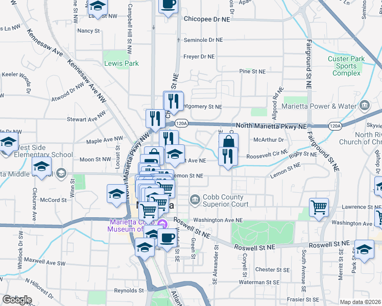 map of restaurants, bars, coffee shops, grocery stores, and more near 185 Forest Avenue Northeast in Marietta