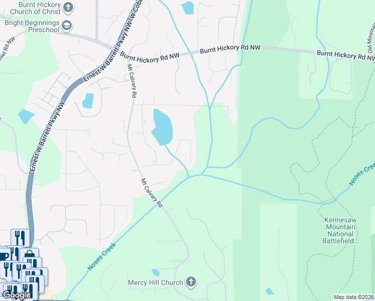 map of restaurants, bars, coffee shops, grocery stores, and more near 2138 Unity Trail Northwest in Marietta
