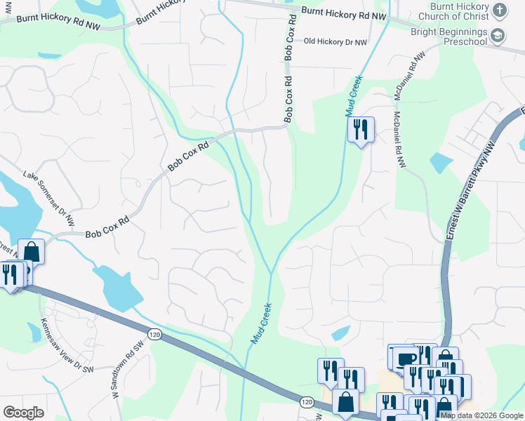 map of restaurants, bars, coffee shops, grocery stores, and more near 135 Cox Farm Road Northwest in Marietta