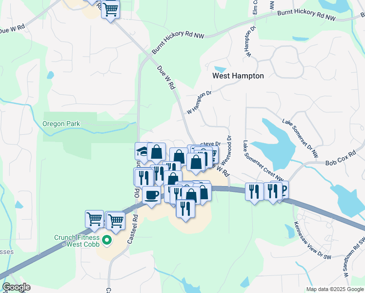 map of restaurants, bars, coffee shops, grocery stores, and more near 3470 Whisperwood Court Northwest in Marietta