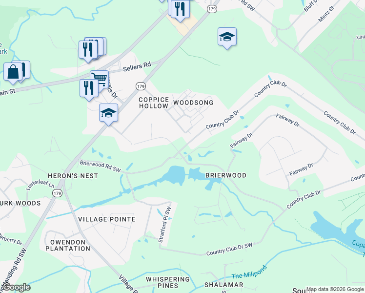 map of restaurants, bars, coffee shops, grocery stores, and more near 6 Wendy Lane in Shallotte