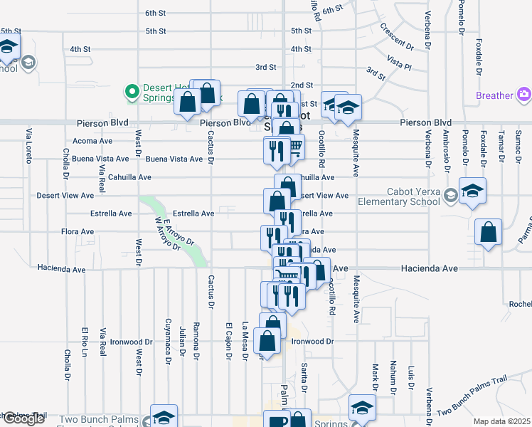 map of restaurants, bars, coffee shops, grocery stores, and more near Estrella Avenue in Desert Hot Springs
