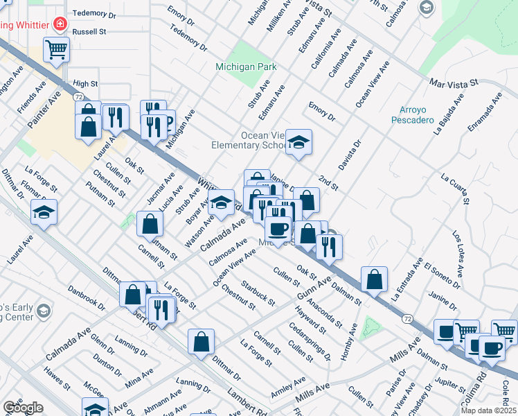 map of restaurants, bars, coffee shops, grocery stores, and more near 14153 Whittier Boulevard in Whittier