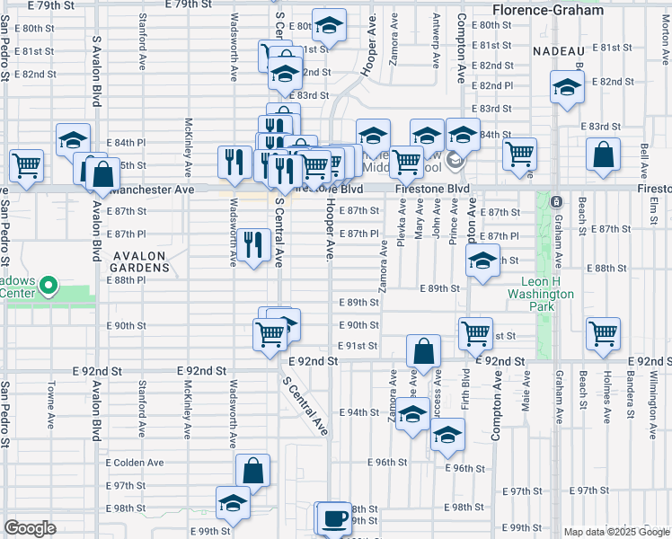 map of restaurants, bars, coffee shops, grocery stores, and more near 8814 Hooper Avenue in Los Angeles