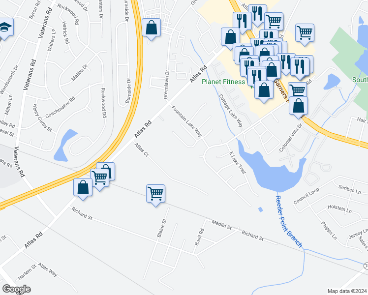 map of restaurants, bars, coffee shops, grocery stores, and more near 144 Springway Drive in Columbia