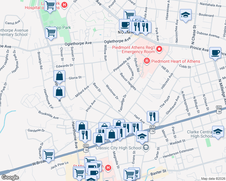 map of restaurants, bars, coffee shops, grocery stores, and more near 138 Westover Drive in Athens
