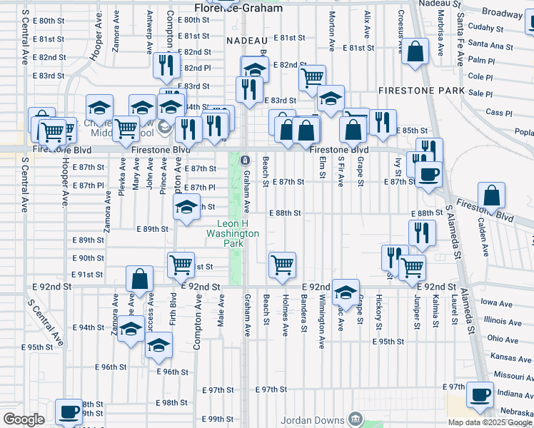 map of restaurants, bars, coffee shops, grocery stores, and more near 8000 East 88th Street in Los Angeles