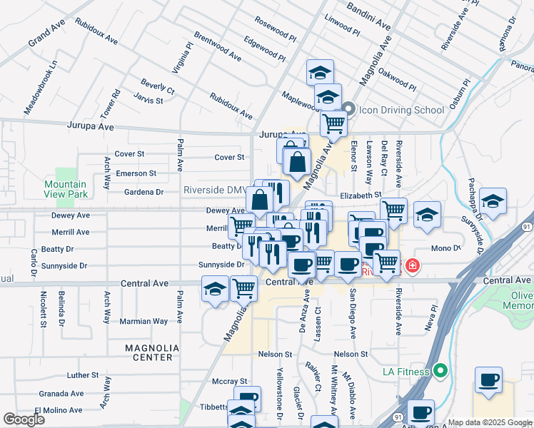 map of restaurants, bars, coffee shops, grocery stores, and more near 3965 Merrill Avenue in Riverside
