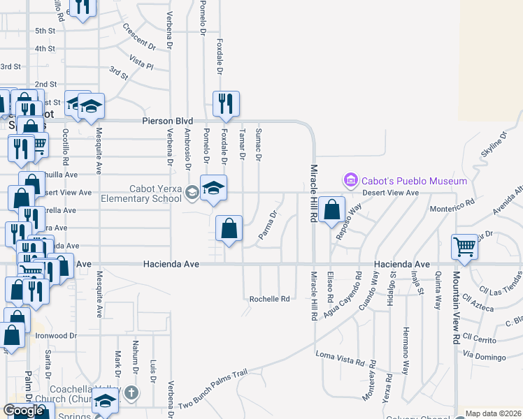 map of restaurants, bars, coffee shops, grocery stores, and more near 12638 Sumac Drive in Desert Hot Springs