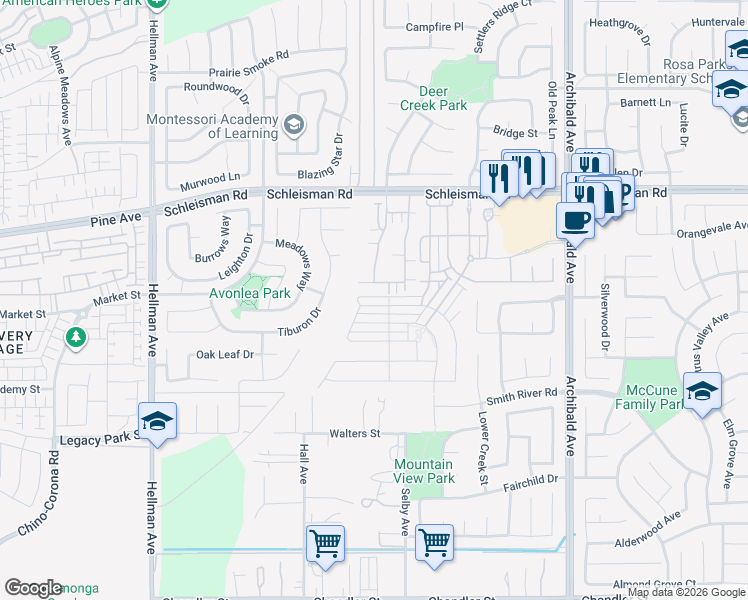 map of restaurants, bars, coffee shops, grocery stores, and more near 14584 Narcisse Drive in Corona