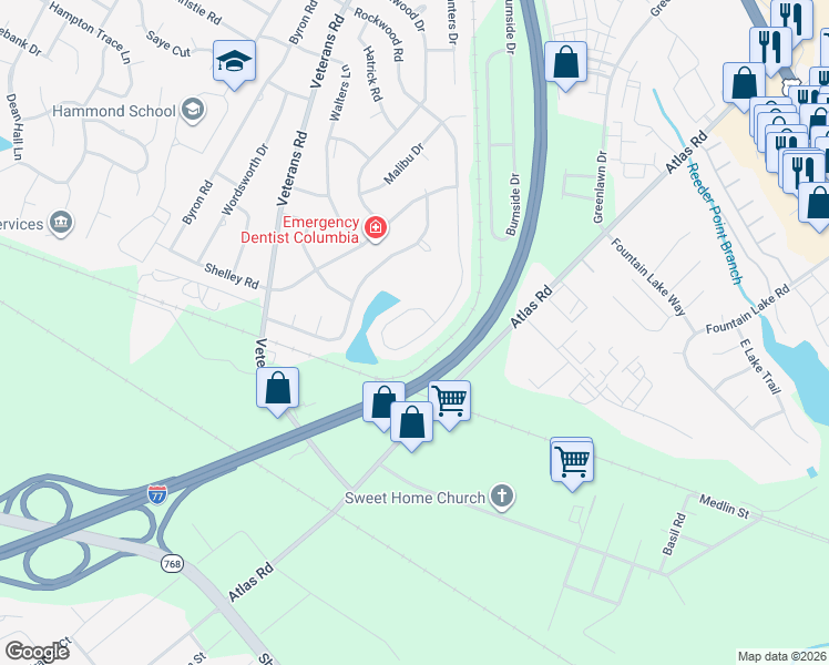map of restaurants, bars, coffee shops, grocery stores, and more near 1195 Rockwood Road in Columbia