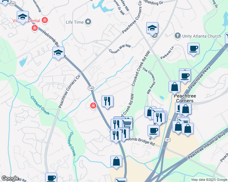 map of restaurants, bars, coffee shops, grocery stores, and more near 6201 Willow Run Road in Norcross