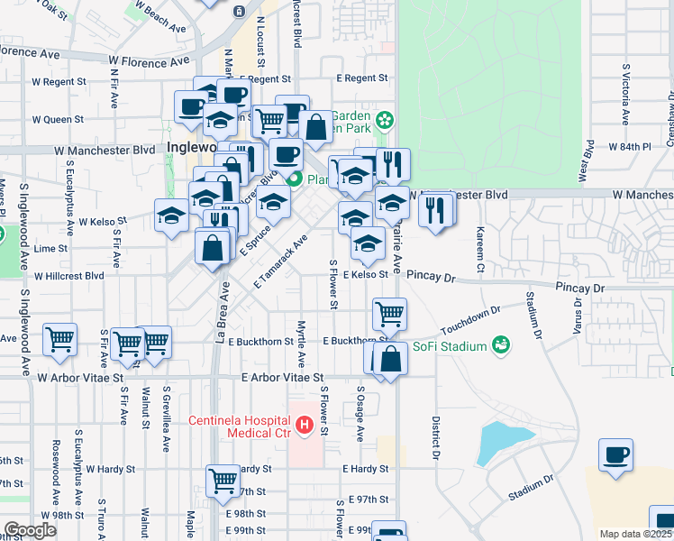 map of restaurants, bars, coffee shops, grocery stores, and more near 550 South Flower Street in Inglewood