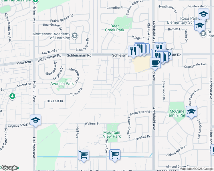 map of restaurants, bars, coffee shops, grocery stores, and more near 14518 Narcisse Drive in Corona