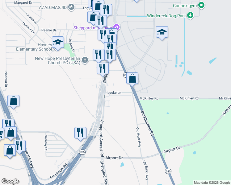 map of restaurants, bars, coffee shops, grocery stores, and more near Locke Lane in Wichita Falls
