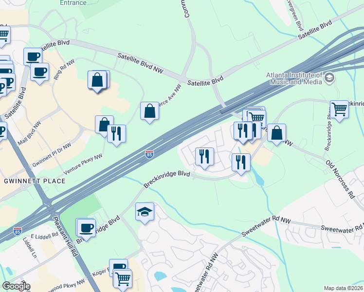 map of restaurants, bars, coffee shops, grocery stores, and more near 2130 Executive Drive North in Duluth