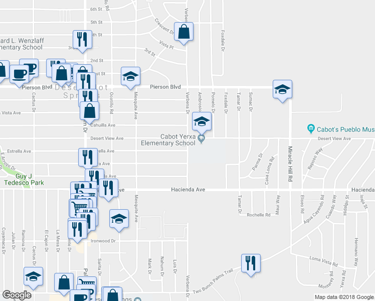 map of restaurants, bars, coffee shops, grocery stores, and more near Verbena Dr & Estrella Ave in Desert Hot Springs