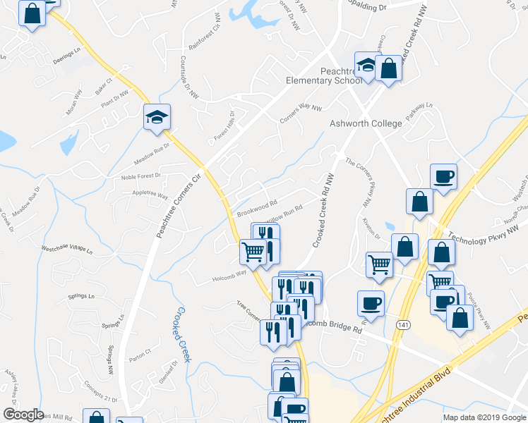 map of restaurants, bars, coffee shops, grocery stores, and more near 6218 Brookwood Road in Norcross