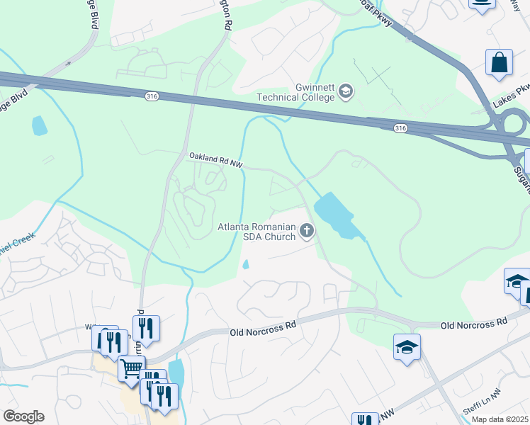 map of restaurants, bars, coffee shops, grocery stores, and more near 2180 Oakland Industrial Court in Lawrenceville