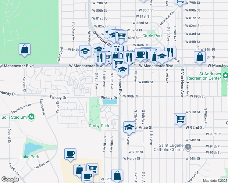map of restaurants, bars, coffee shops, grocery stores, and more near 8908 South 10th Avenue in Inglewood