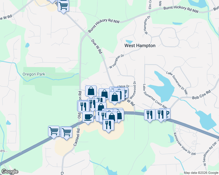 map of restaurants, bars, coffee shops, grocery stores, and more near 3466 Whisperwood Court Northwest in Marietta