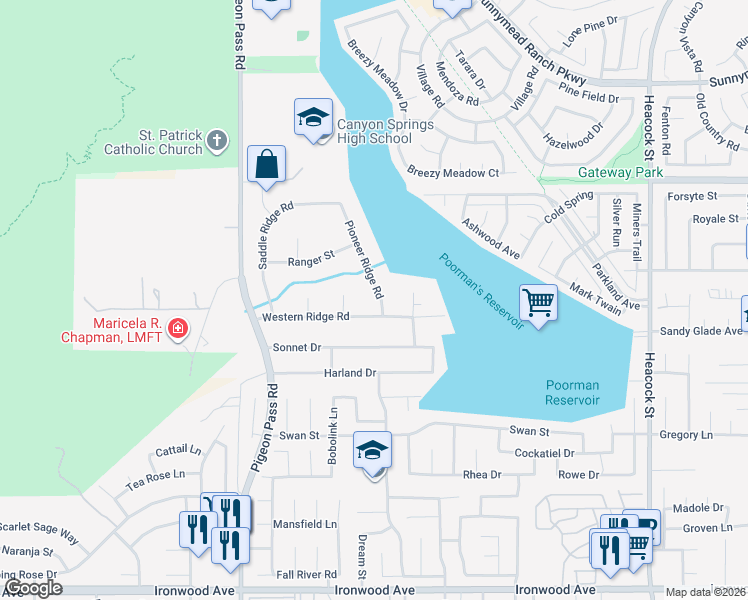 map of restaurants, bars, coffee shops, grocery stores, and more near 11281 Pioneer Ridge Road in Moreno Valley