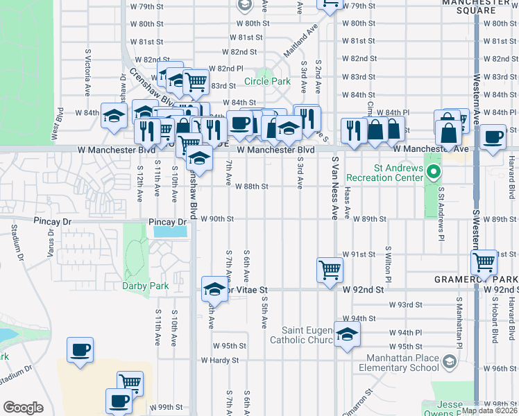 map of restaurants, bars, coffee shops, grocery stores, and more near 8909 South 5th Avenue in Inglewood
