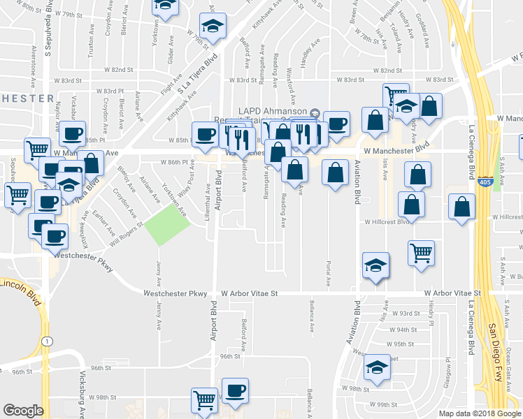 map of restaurants, bars, coffee shops, grocery stores, and more near 8827 Ramsgate Avenue in Los Angeles