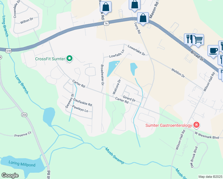 map of restaurants, bars, coffee shops, grocery stores, and more near 1310 Walcora Drive in Sumter