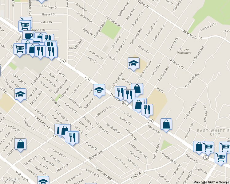 map of restaurants, bars, coffee shops, grocery stores, and more near 14153 Whittier Boulevard in Whittier