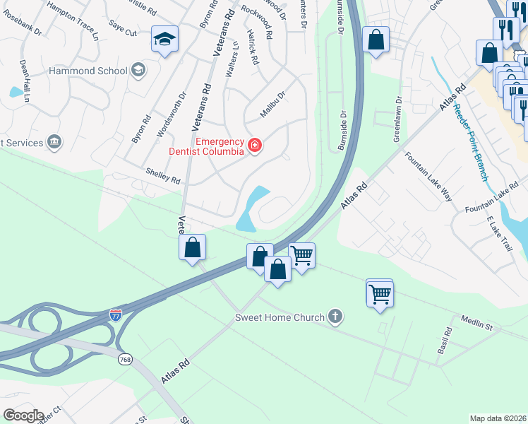 map of restaurants, bars, coffee shops, grocery stores, and more near 1244 Rockwood Road in Columbia
