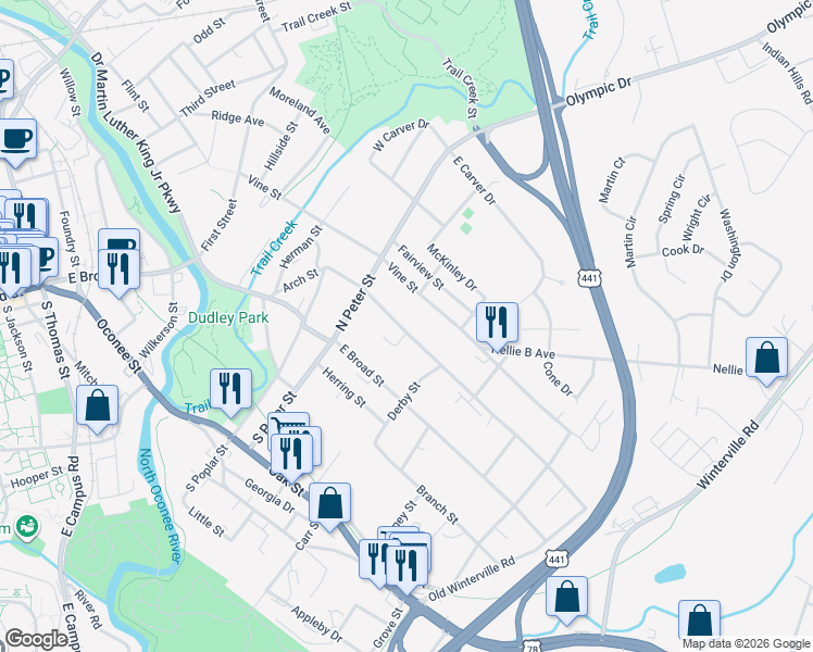 map of restaurants, bars, coffee shops, grocery stores, and more near 277 Arch Street in Athens