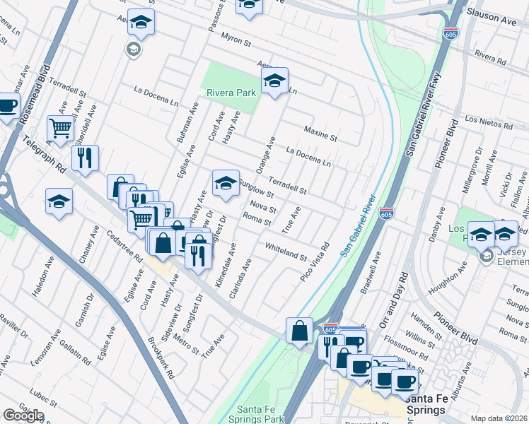 map of restaurants, bars, coffee shops, grocery stores, and more near 9732 Nova Street in Pico Rivera