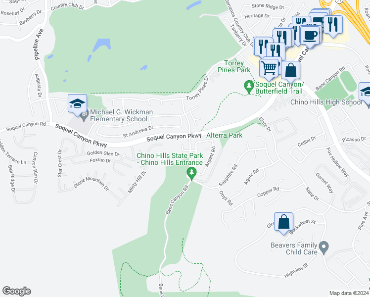 map of restaurants, bars, coffee shops, grocery stores, and more near 16329 Vista Court in Chino Hills