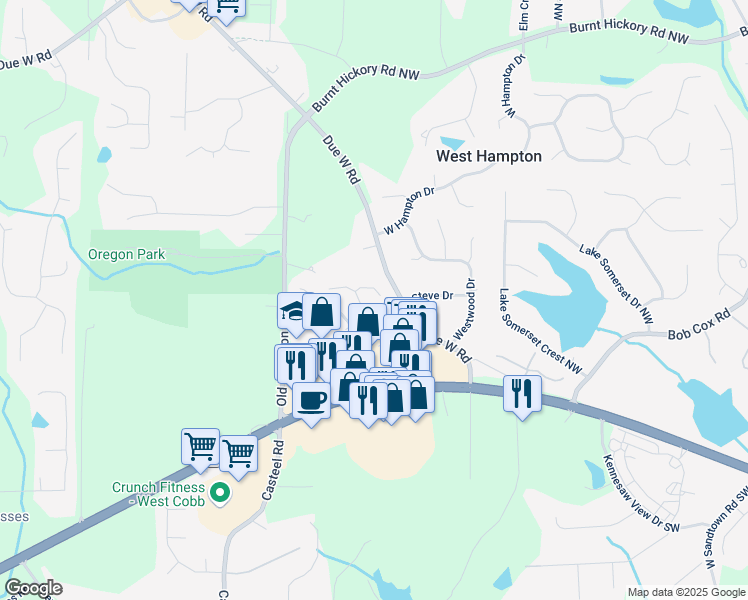 map of restaurants, bars, coffee shops, grocery stores, and more near 3470 Whisperwood Court Northwest in Marietta