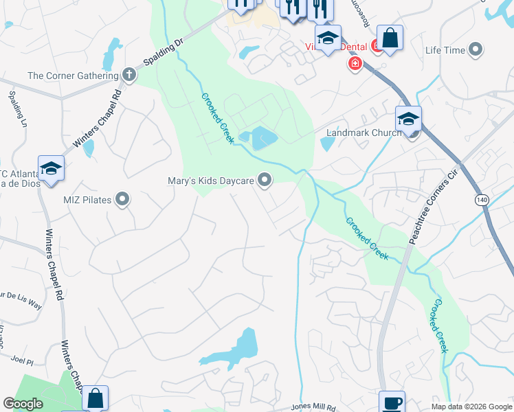 map of restaurants, bars, coffee shops, grocery stores, and more near 3836 Meadow Creek Drive in Norcross