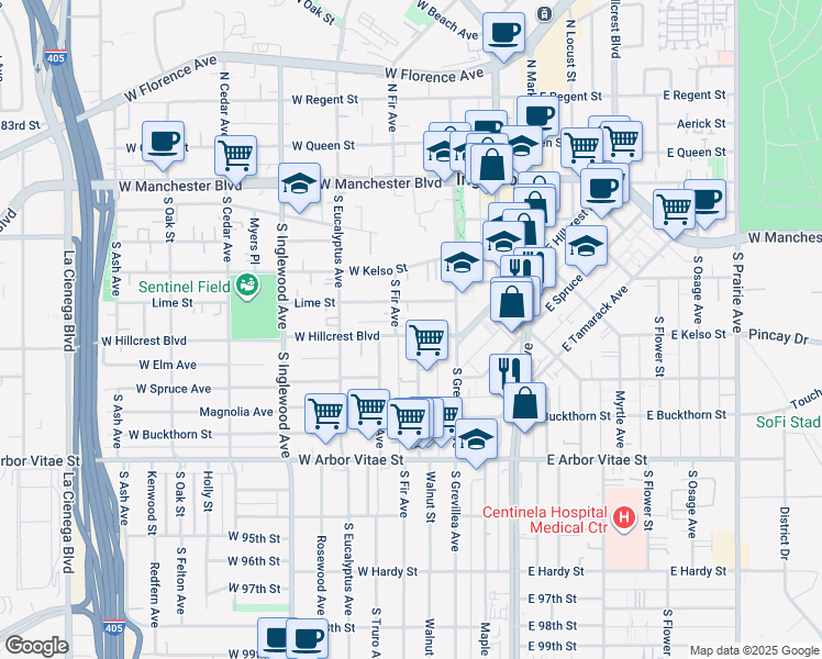 map of restaurants, bars, coffee shops, grocery stores, and more near 141 West Hillcrest Boulevard in Inglewood