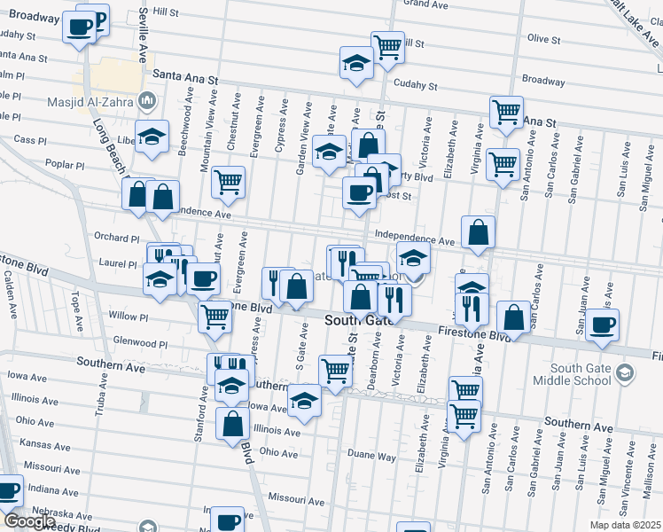 map of restaurants, bars, coffee shops, grocery stores, and more near 8639 Madison Avenue in South Gate
