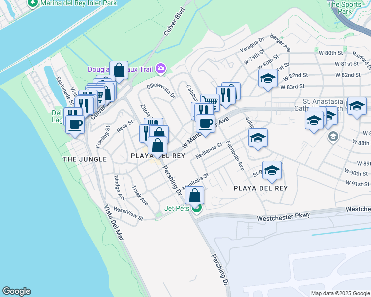 map of restaurants, bars, coffee shops, grocery stores, and more near 8236 West Manchester Avenue in Los Angeles
