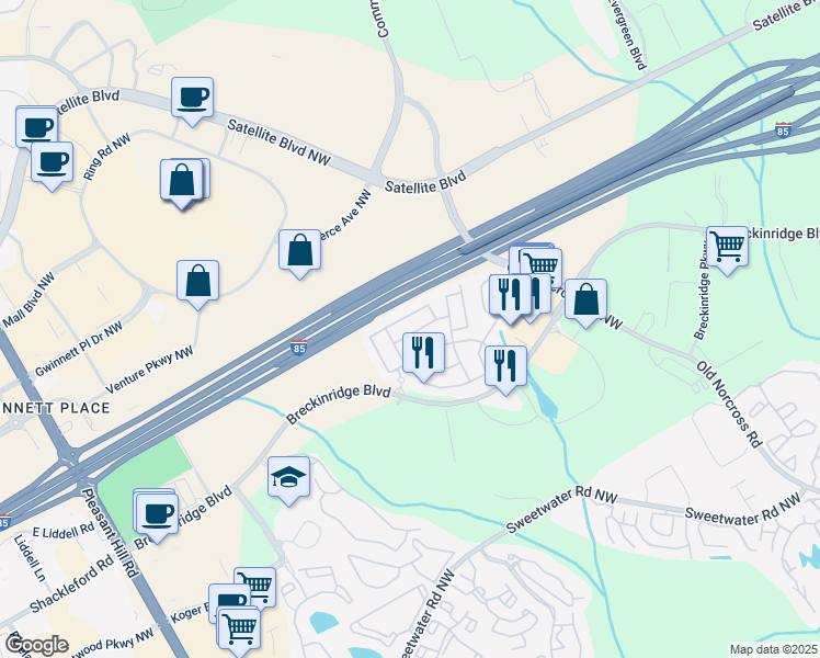map of restaurants, bars, coffee shops, grocery stores, and more near 3157 Millington Place in Duluth