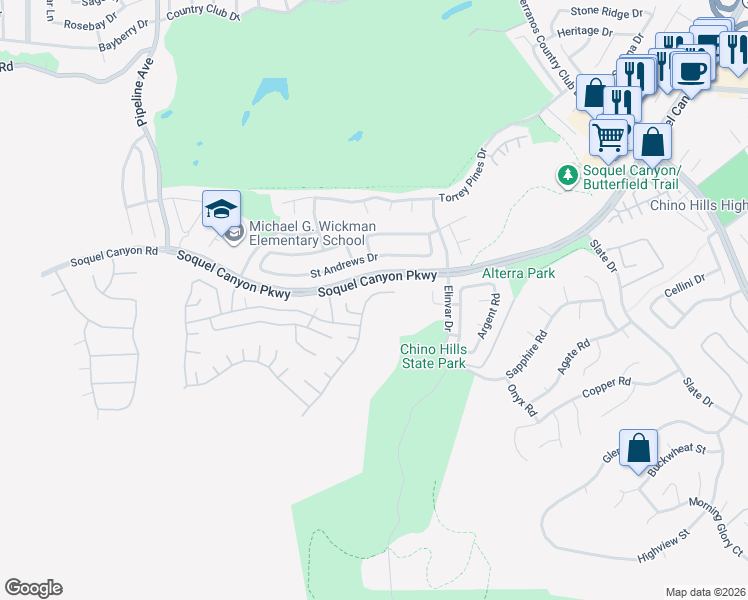 map of restaurants, bars, coffee shops, grocery stores, and more near 16319 Misty Hill Drive in Chino Hills