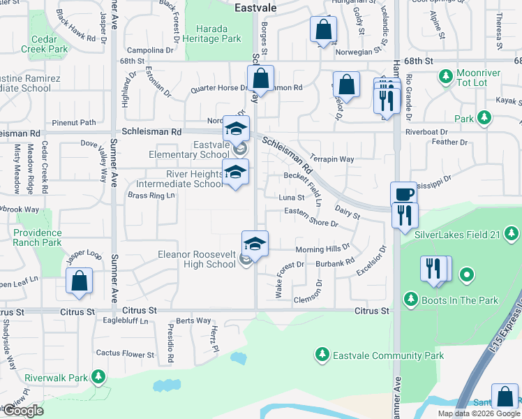 map of restaurants, bars, coffee shops, grocery stores, and more near 7213 Bay Bridge Road in Corona