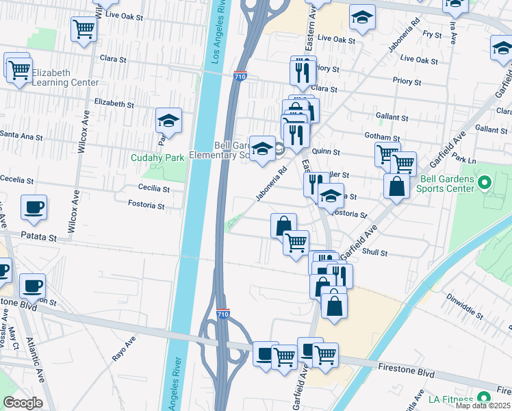 map of restaurants, bars, coffee shops, grocery stores, and more near 8202 Jaboneria Road in Bell Gardens