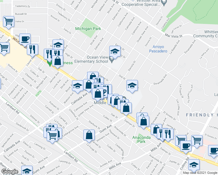map of restaurants, bars, coffee shops, grocery stores, and more near 8708 Ocean View Avenue in Whittier
