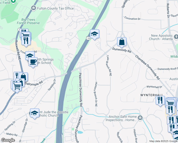map of restaurants, bars, coffee shops, grocery stores, and more near 450 Wembley Circle in Atlanta
