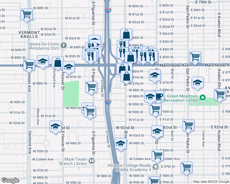 map of restaurants, bars, coffee shops, grocery stores, and more near 341 West 88th Street in Los Angeles