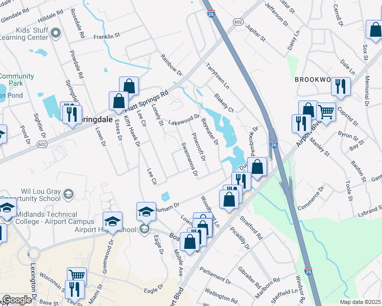 map of restaurants, bars, coffee shops, grocery stores, and more near 1133 Swannanoa Drive in West Columbia