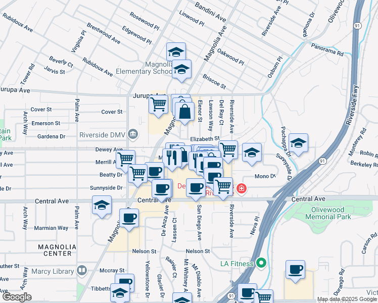 map of restaurants, bars, coffee shops, grocery stores, and more near 3631 Merrill Ave in Riverside