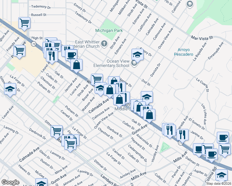 map of restaurants, bars, coffee shops, grocery stores, and more near 14153 Whittier Boulevard in Whittier