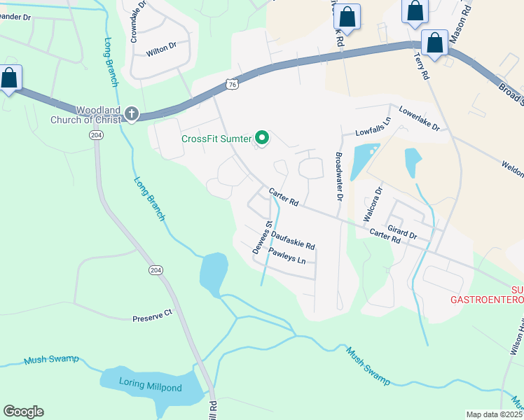 map of restaurants, bars, coffee shops, grocery stores, and more near 1225 Winyah Street in Sumter